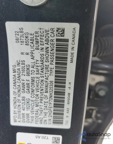 2022 Honda Civic Ex from USA, damaged, VIN 2HGFE1F70NH325306